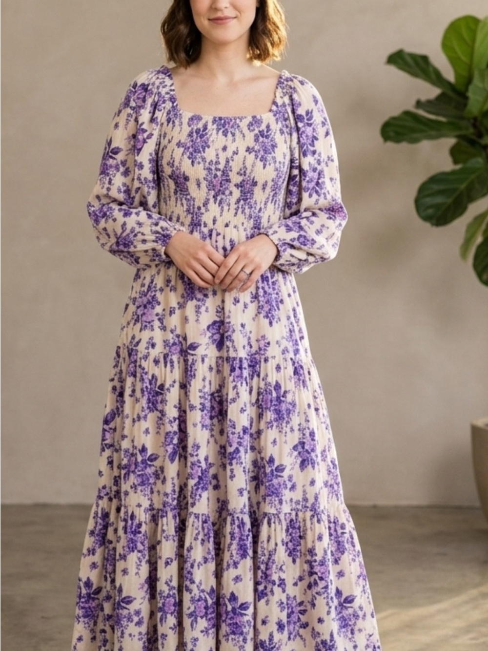 Free People Jaymes Smocked Floral Long Sleeve Maxi Dress in Iris Combo (Size L)